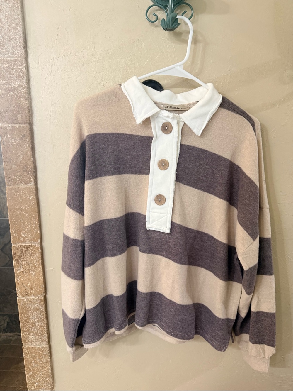 Zenana Striped Button-Placket Polo Sweater in Beige and Dark Taupe NWOT